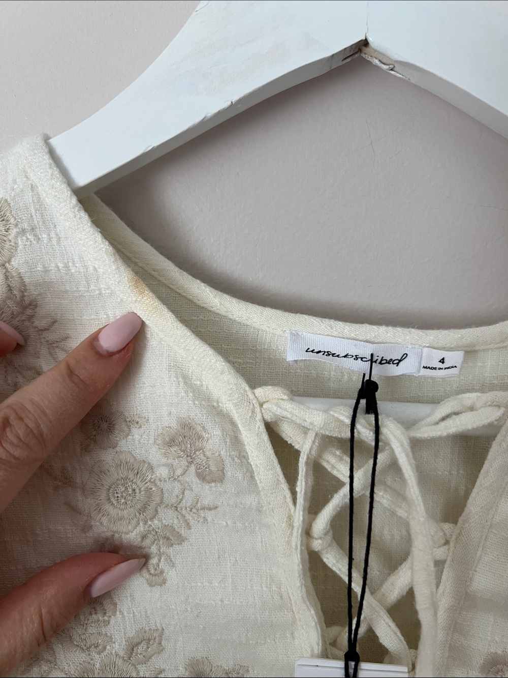 Boho Lace-Up Cream Embroidered Mini Dress - Picture 4 of 10